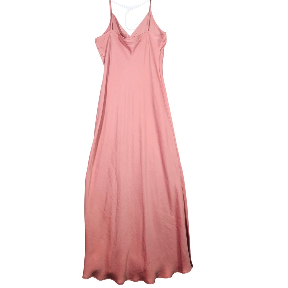ZARA Rose Pink Satin Maxi Dress Surplice V-Neck Side Slit Gown Adjustable Straps - Picture 5 of 11
